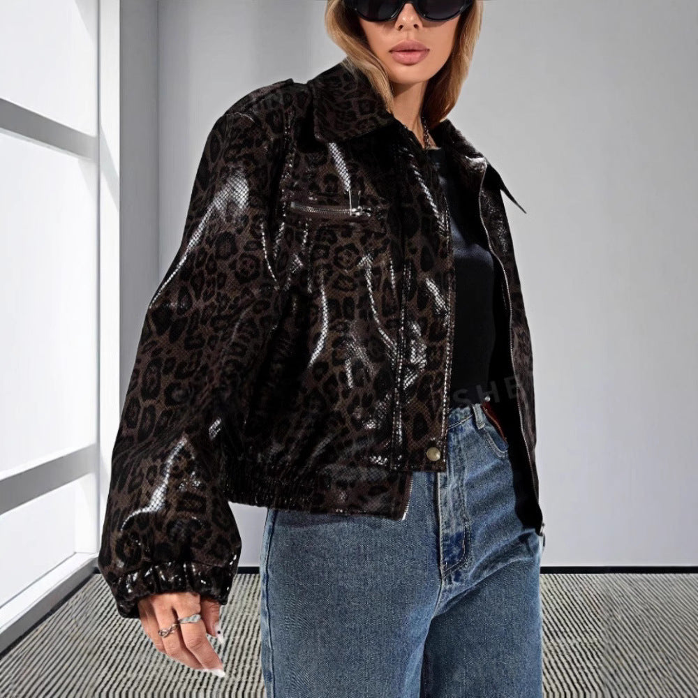 Damen Kunstleder Bikerjacke im Leo-Design Drune