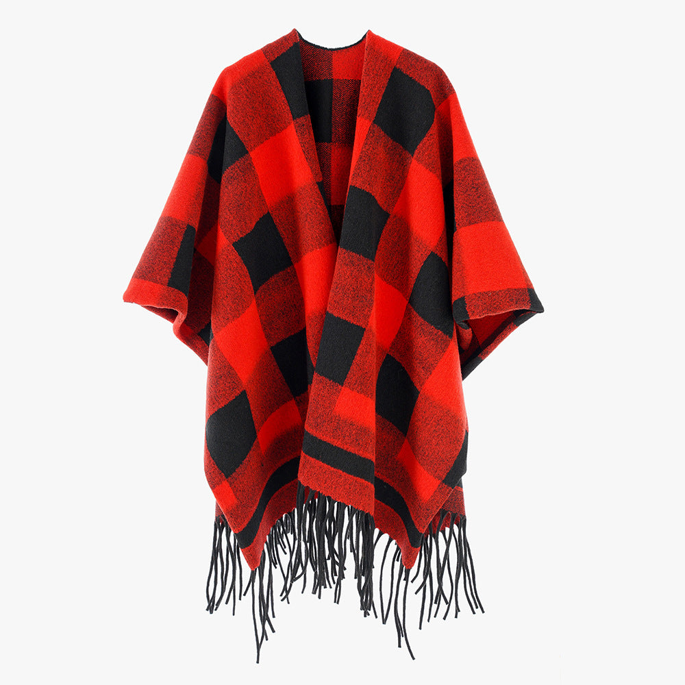 Damen Capeponcho im Plaid-Wickelstil aus Wollmix mit Fransensaum Drune