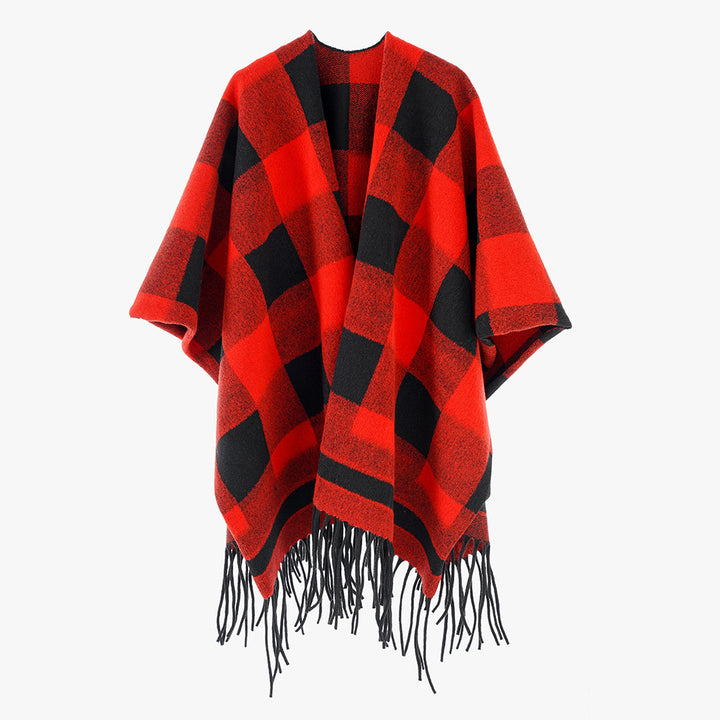 Damen Capeponcho im Plaid-Wickelstil aus Wollmix mit Fransensaum Drune