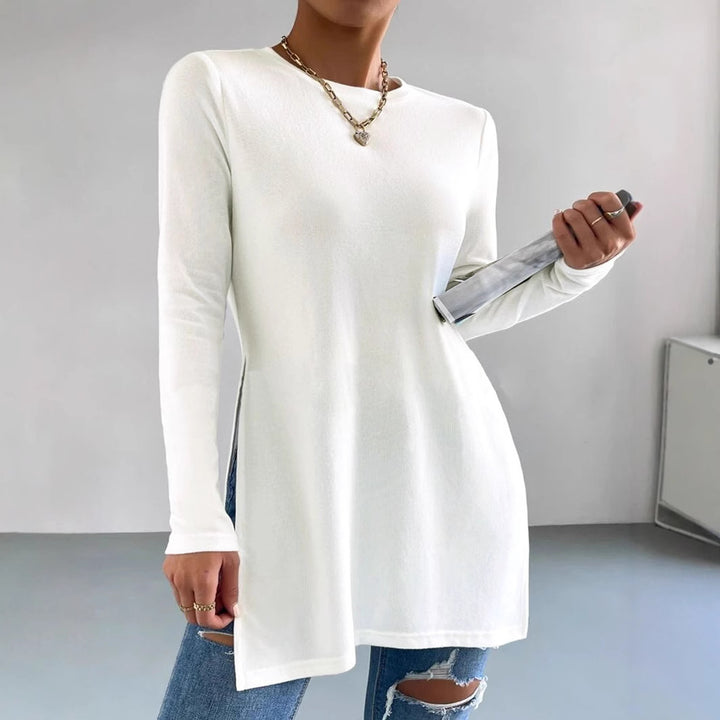 Damen Langes Feinstrick-Tunika-Shirt mit Seitenschlitzen und gerundetem Saum Drune