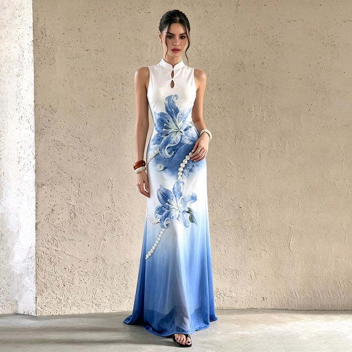 Damen Maxi-Kleid mit floralen Akzenten und elegantem Rundhalsausschnitt Drune