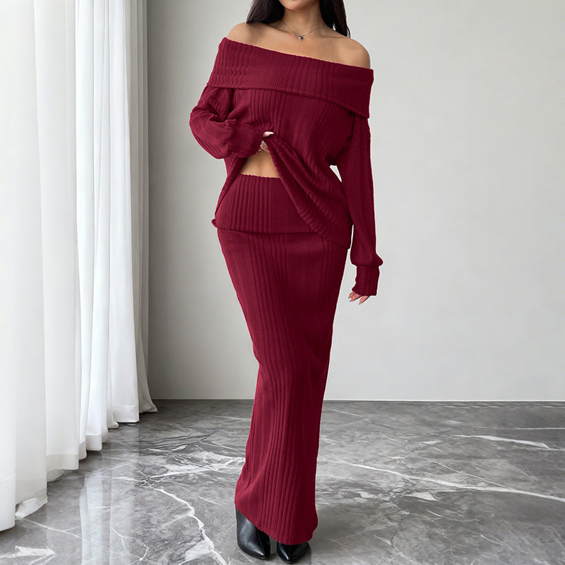 Damen Schulterfreies Rippstrick-Set mit Off-Shoulder-Oberteil und figurbetontem Maxirock Drune