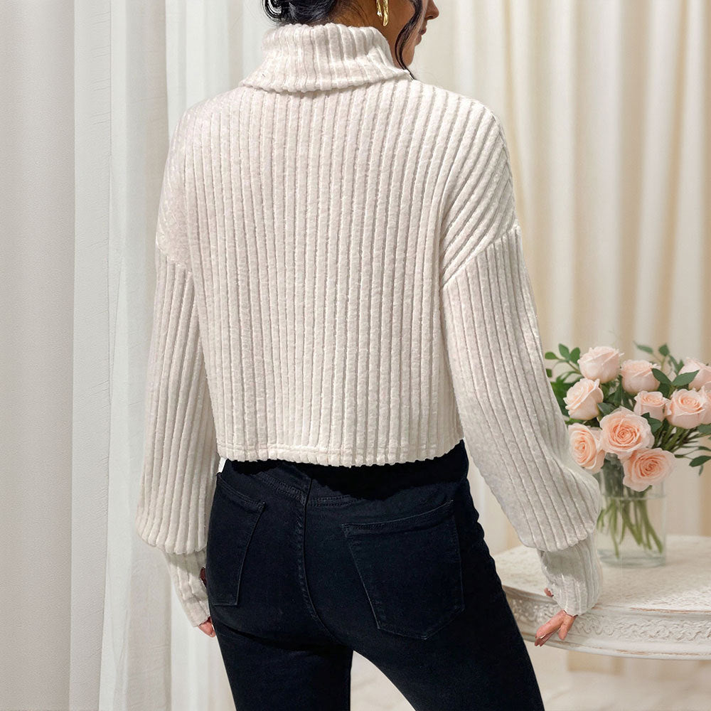 Damen geripptes Cropped‑Rollkragenpullover mit überschnittenen Schultern und voluminösen Ärmeln Drune