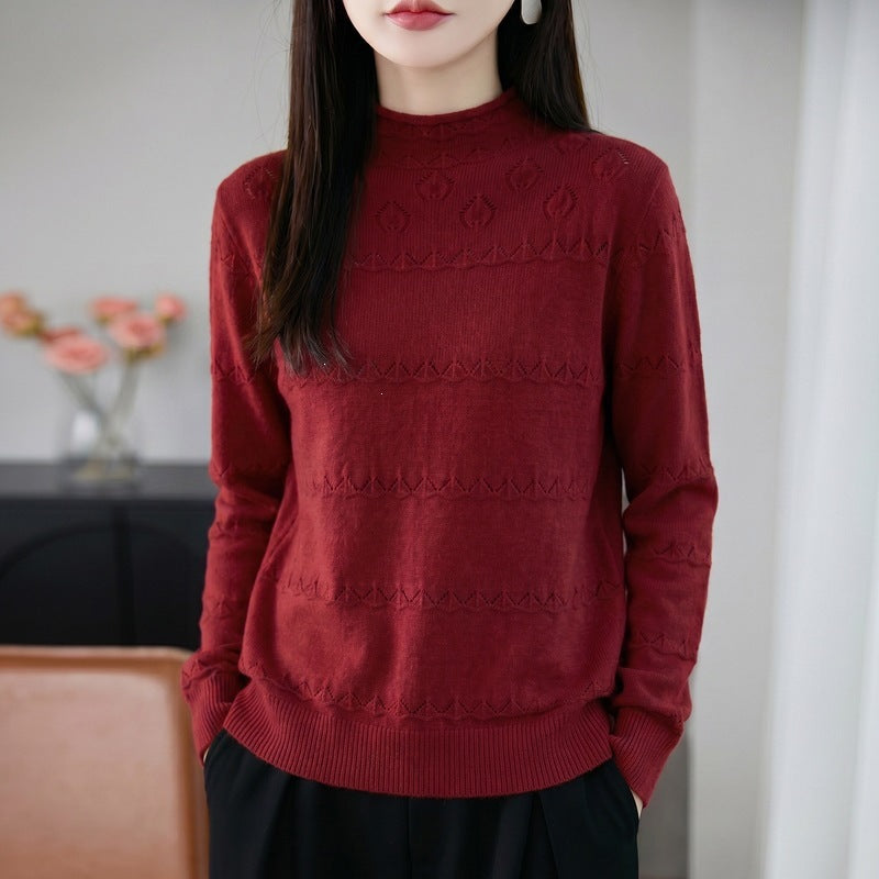 Damen Leichter Ajourstrick-Pullover mit kurzem Stehkragen und feinem Rippsaum Drune