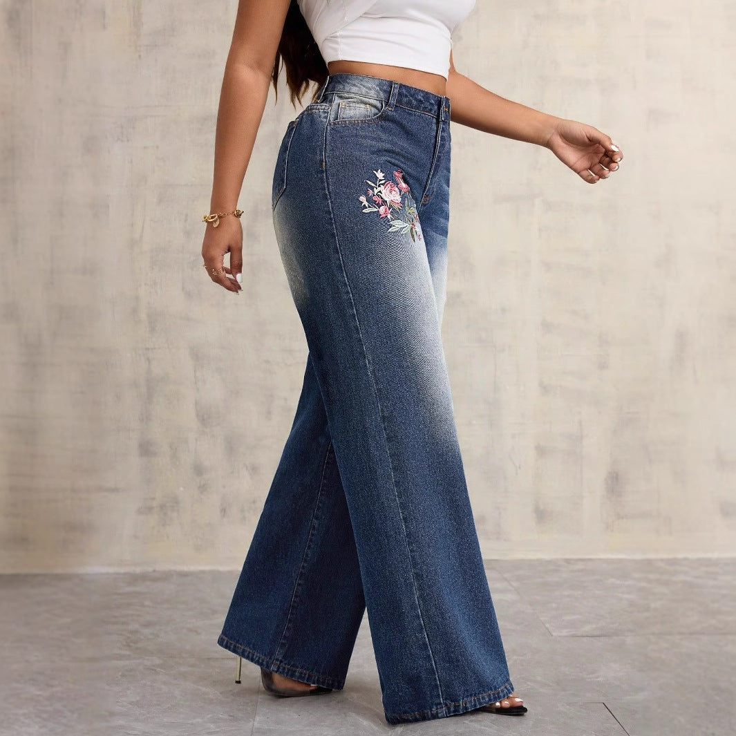 Damen weite Denim-Jeans mit floralen Stickereien Drune