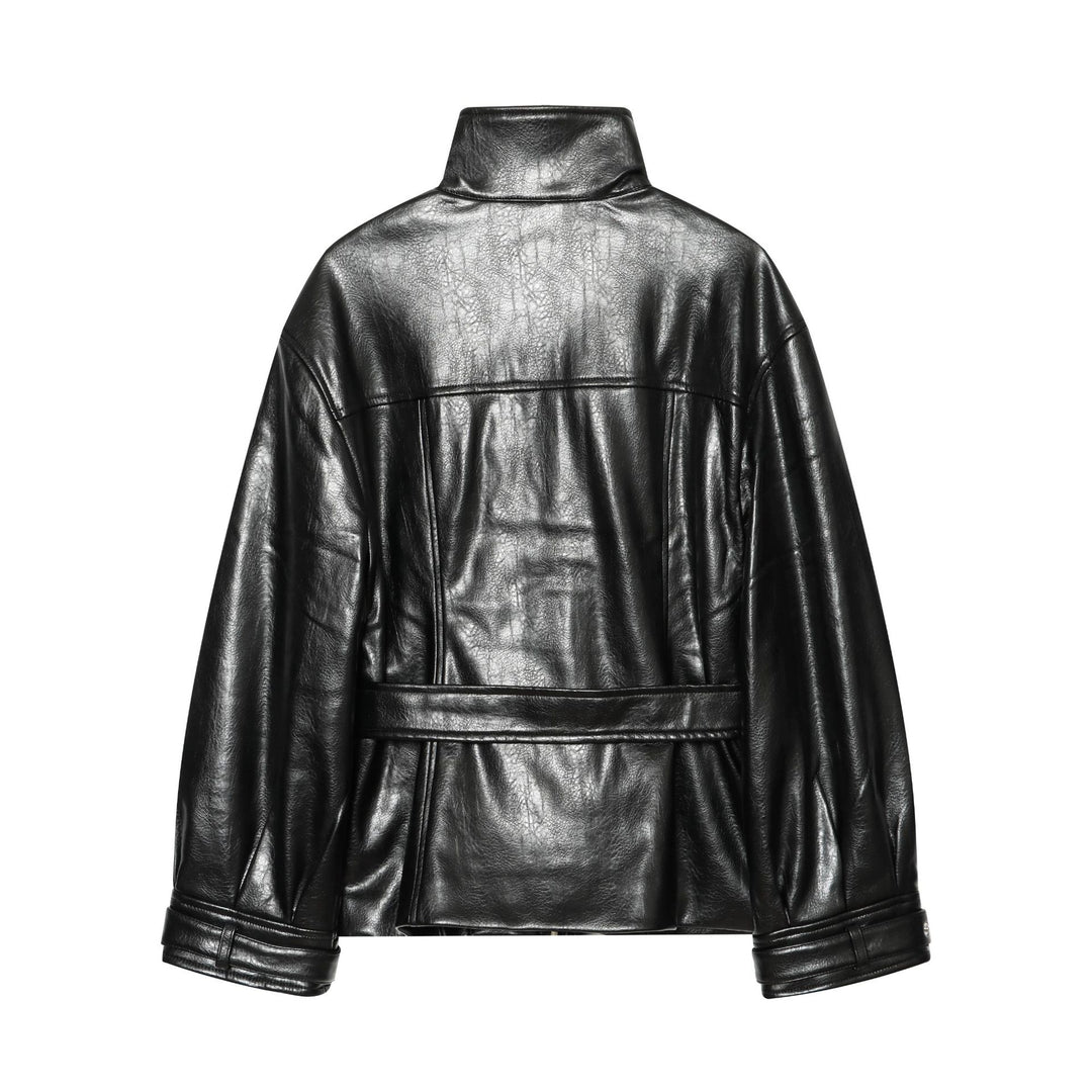 Damen Glänzende Kunstleder‑Blousonjacke mit hohem Funnelkragen und Taillengürtel Drune