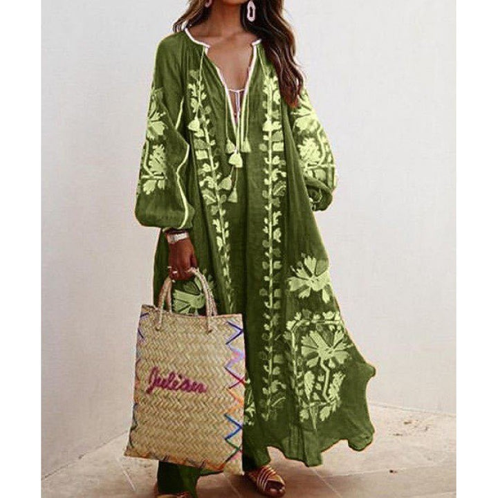 Damen Besticktes Boho-Maxikleid mit Ballonärmeln und Quastenverschluss Drune