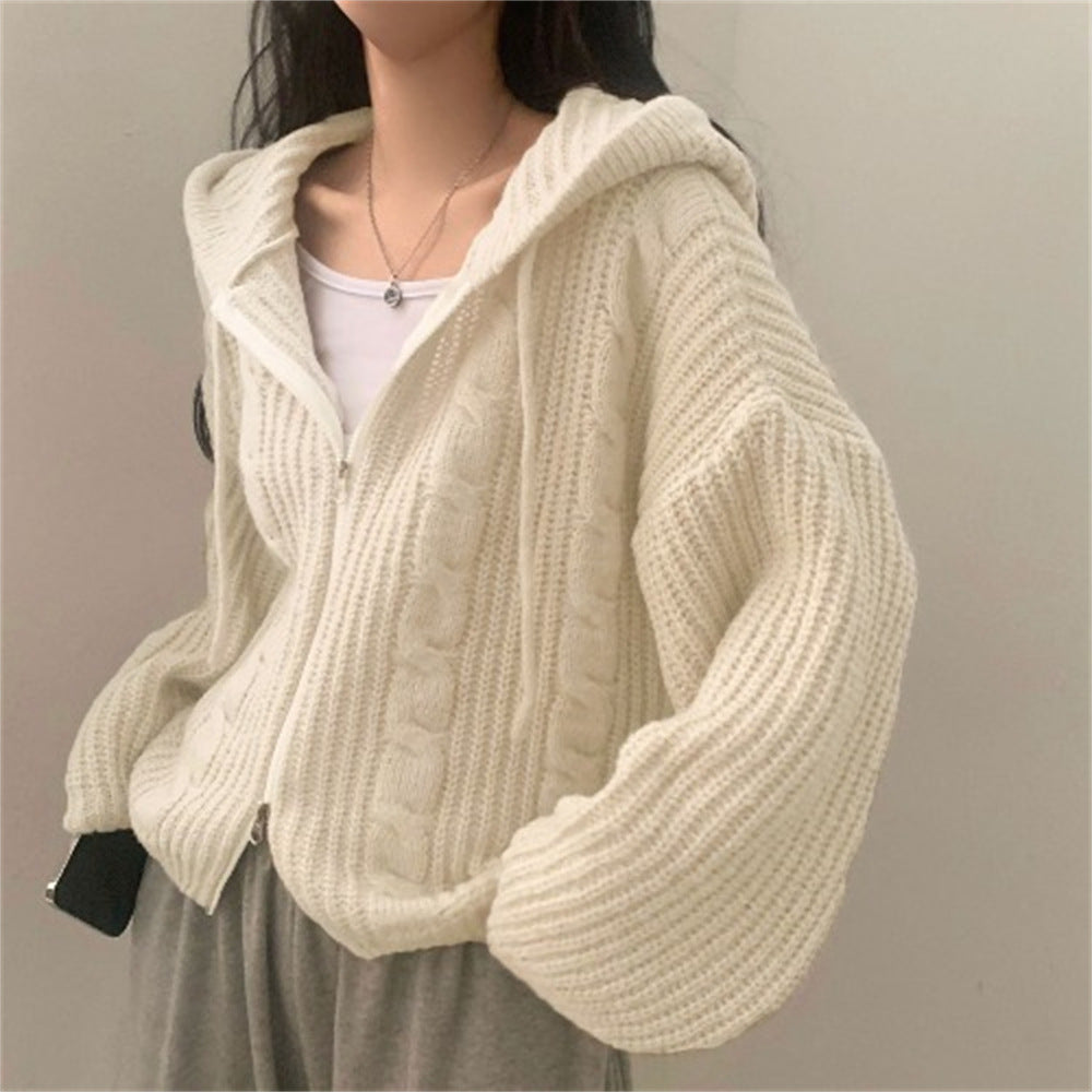 Damen Strickjacke mit Kapuze und dekorativen Zopfstricken Drune