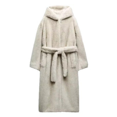 Damen Langer Teddy-Kunstfellmantel mit Bindegürtel und Oversize-Silhouette Drune