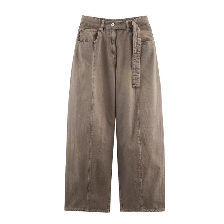 Damen Weite hochtaillierte Culotte-Hose mit Ziernaht, aufgesetzten Taschen und Bindegürtel Drune