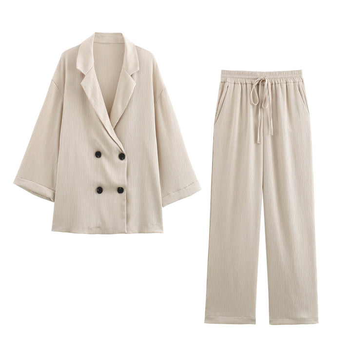 Damen Oversize Doppelreihiger Blazer mit Plissee‑Struktur und dreiviertelärmeln Drune