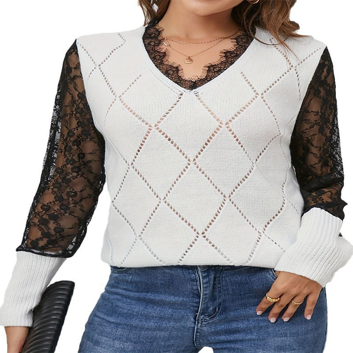 Damen Strickpullover mit eleganten Spitzenärmeln und rautenförmigem Muster Drune
