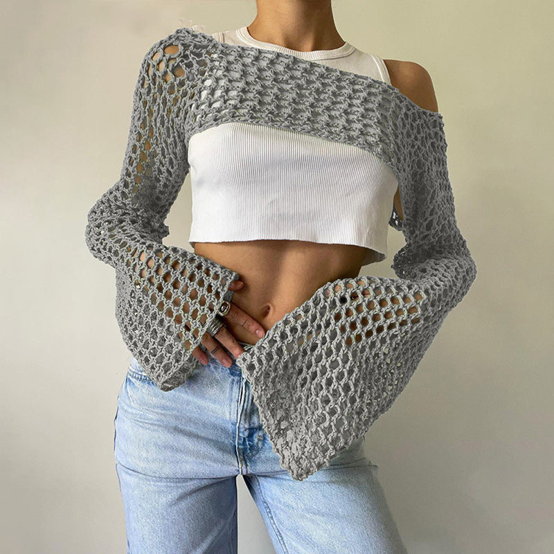 Damen gehäkelter kurzer Bolero mit asymmetrischem Schulterauschnitt und ausgestellten Ärmeln Drune
