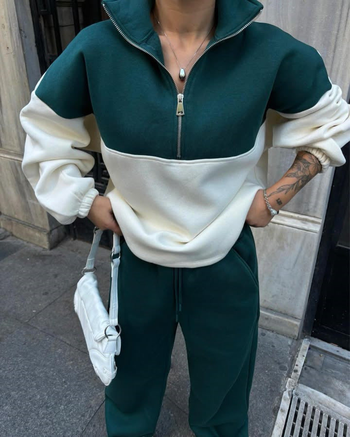 Damen Oversized Zweifarbiges Half-Zip Loungewear-Set mit Stehkragen und weitem Palazzo-Jogger Drune