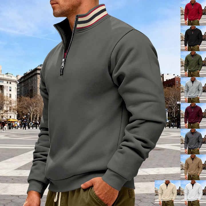 Herren nan Stehkragen-Halbzip-Sweatshirt aus Baumwollfleece mit Kontraststreifen am Kragen und gerippten Bündchen Drune