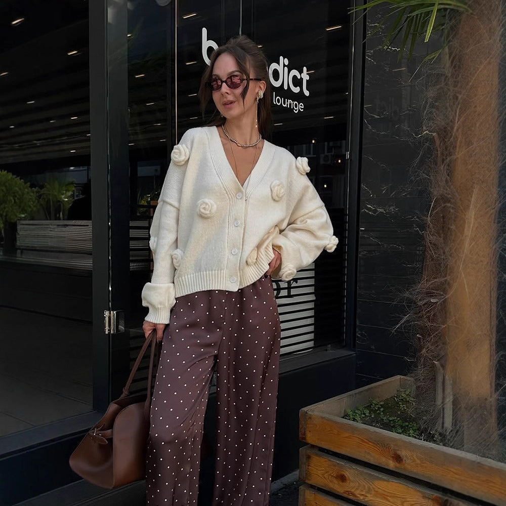 Damen Oversize-Strickcardigan mit dreidimensionalen Rosenapplikationen und V-Ausschnitt Drune