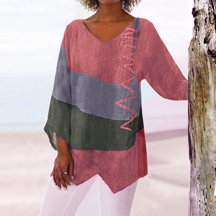 Frauen Casual A-Linien Leinenlook Tunika mit Farbblockstreifen und V-Ausschnitt Drune