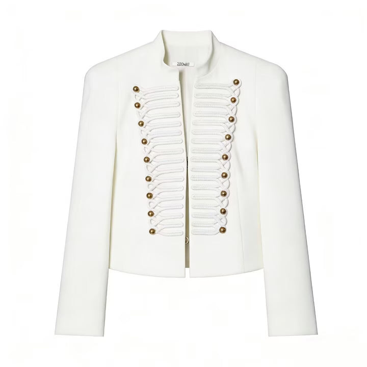 Damen Cropped Military-Blazer mit ornamentaler Kordelverzierung und Stehkragen Drune