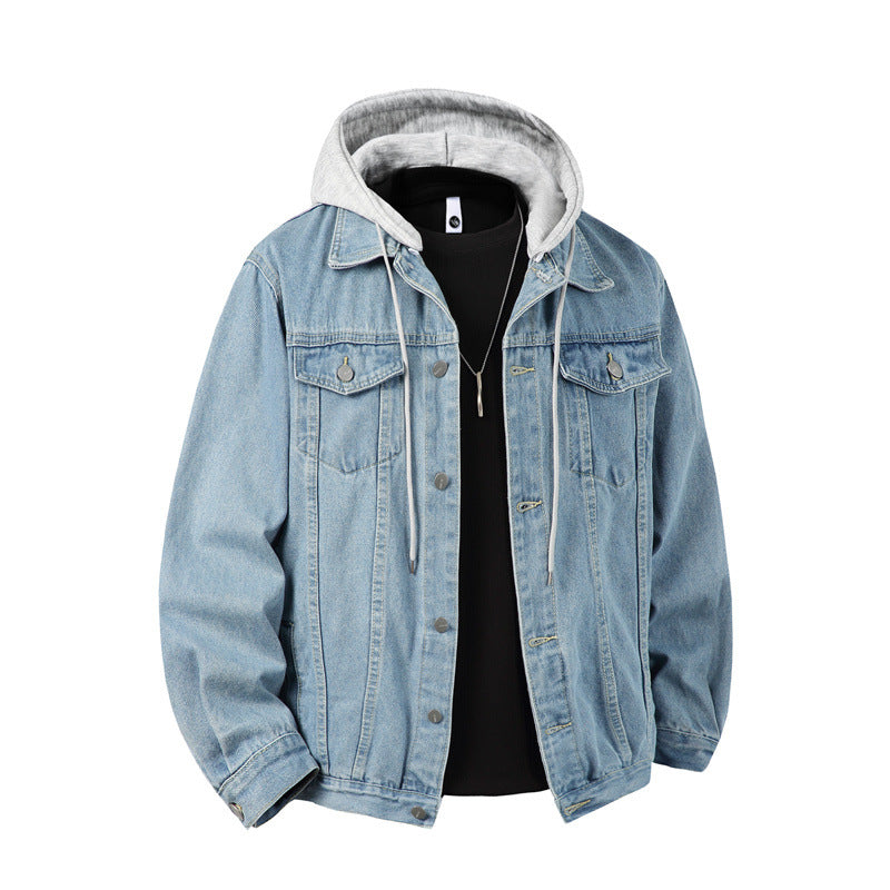 Herren nan Jeansjacke mit angenähter Kapuze Lagenlook robuste Baumwollmischung Drune