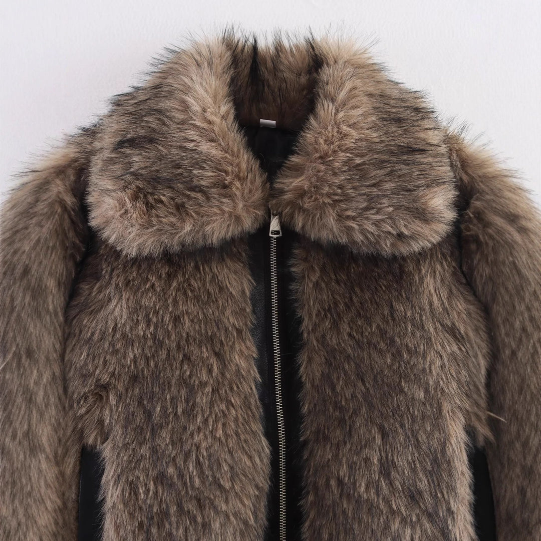 Damen Fleece-Lederjacke mit voluminösen Kragen und praktischen Taschen Drune