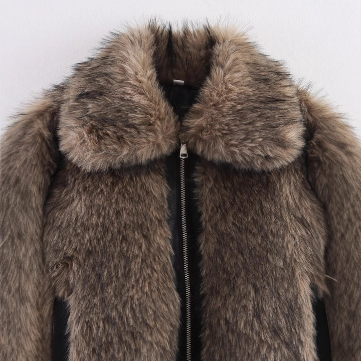 Damen Fleece-Lederjacke mit voluminösen Kragen und praktischen Taschen Drune