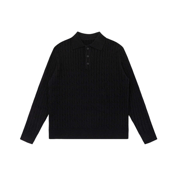 Unisex Grobstrick-Polokragen-Pullover mit Zopfmuster und halber Knopfleiste Drune