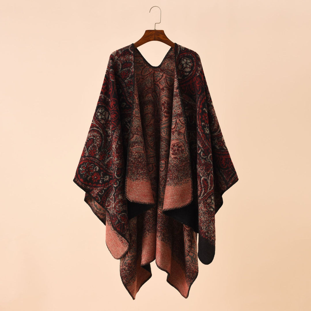 Damen Paisley-Jacquard-Capeponcho aus Wollmix mit Zierkettelnaht Drune