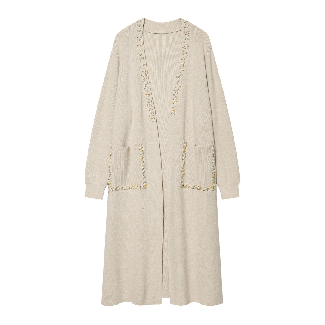 Damen lange offene Strickjacke mit Perlenbesatz und aufgesetzten Taschen Drune