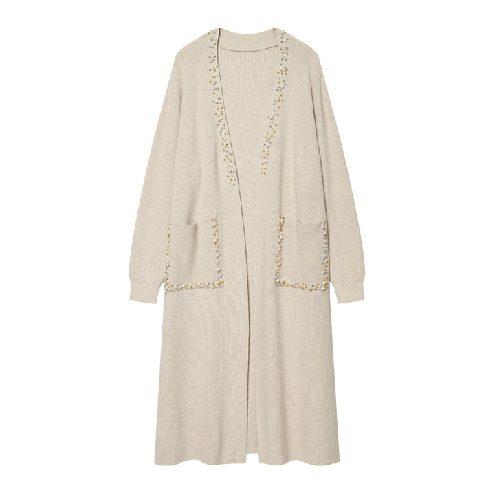 Damen lange offene Strickjacke mit Perlenbesatz und aufgesetzten Taschen Drune