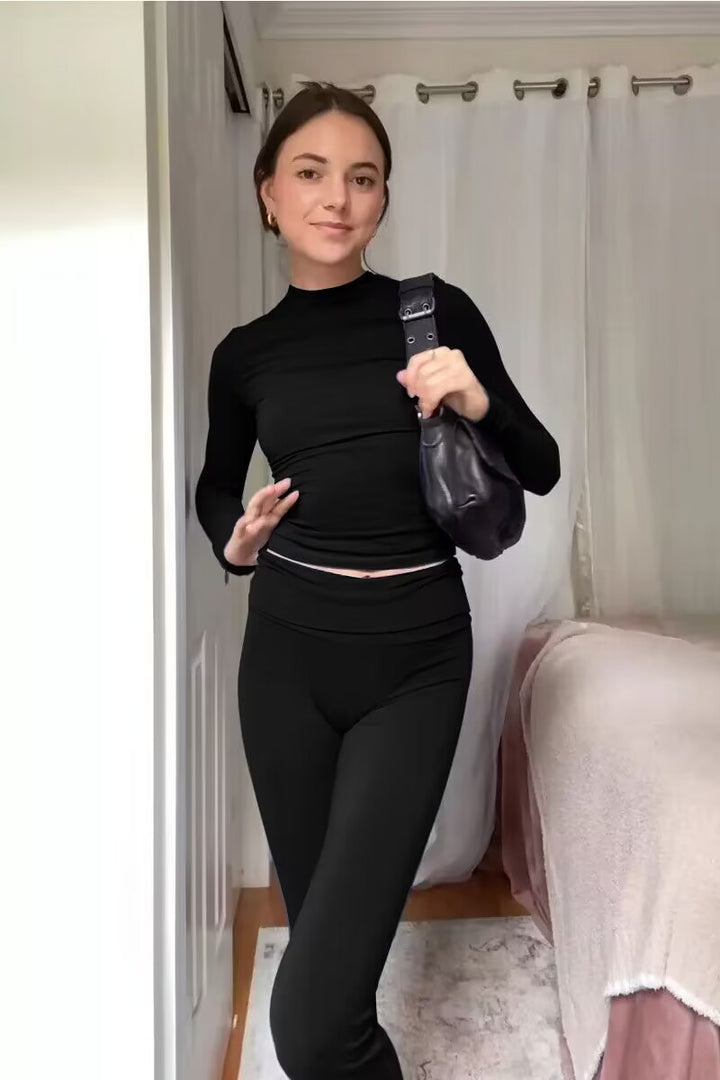 Damen Fitted Langarm Crop Top und Hochbund Leggings Set aus Functional Jersey Drune
