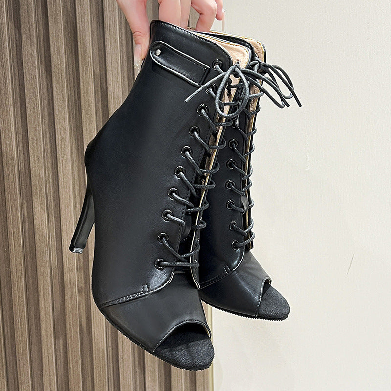 Damen Elegante Schnür-Ankleboots mit offenem Zehenbereich und schlankem Stilettoabsatz Drune