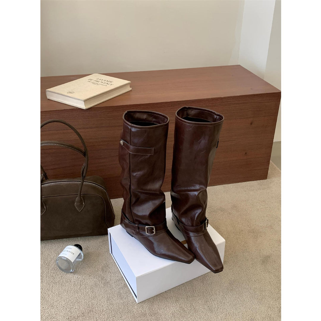 Damen Hohe Stiefel aus hochwertigem Leder mit modischen Riemen Drune