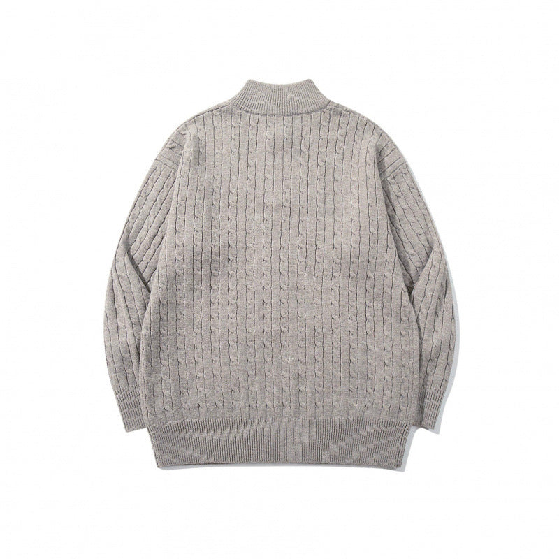 Unisex Oversize Zopfstrick-Halbzippullover mit kurzem Stehkragen und breitem Rippbund Drune