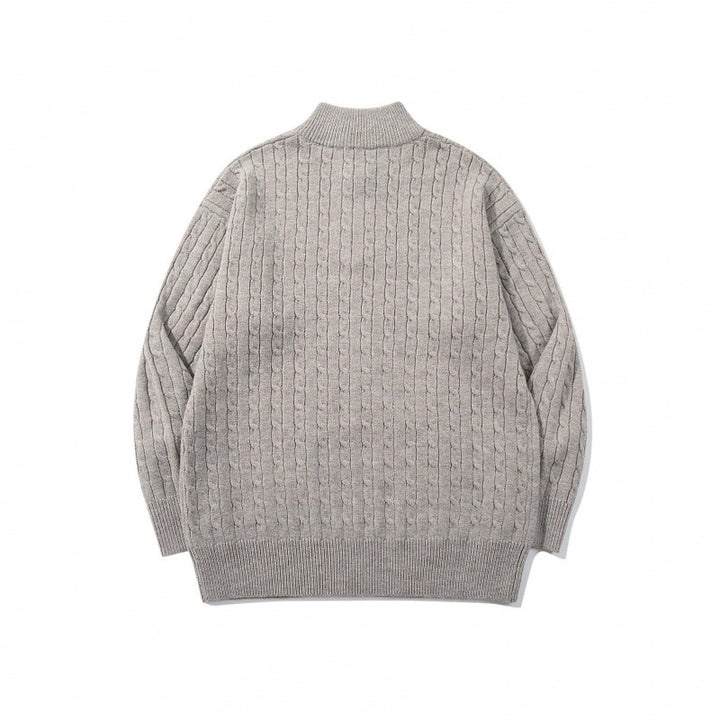 Unisex Oversize Zopfstrick-Halbzippullover mit kurzem Stehkragen und breitem Rippbund Drune