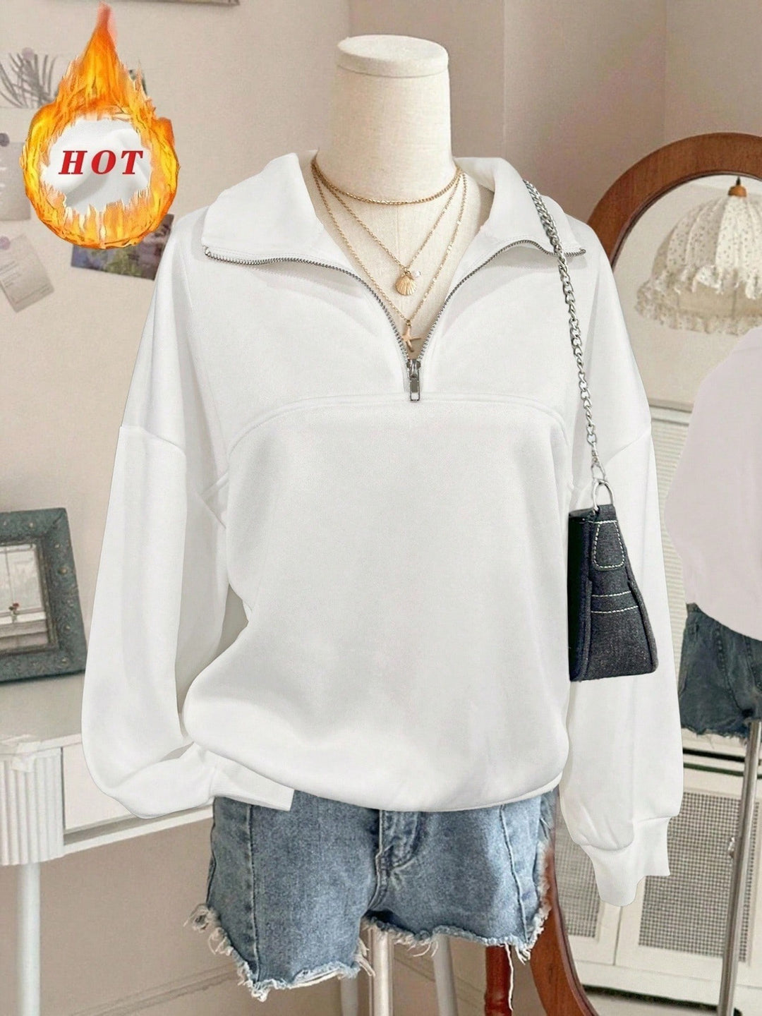 Damen nan Oversize Sweatshirt mit halbem Reißverschluss, Stehkragen und Ballonärmeln Drune
