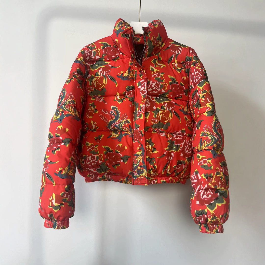 Damen Gesteppte Wattierte Kurzjacke mit floralem Alloverprint und Stehkragen Drune