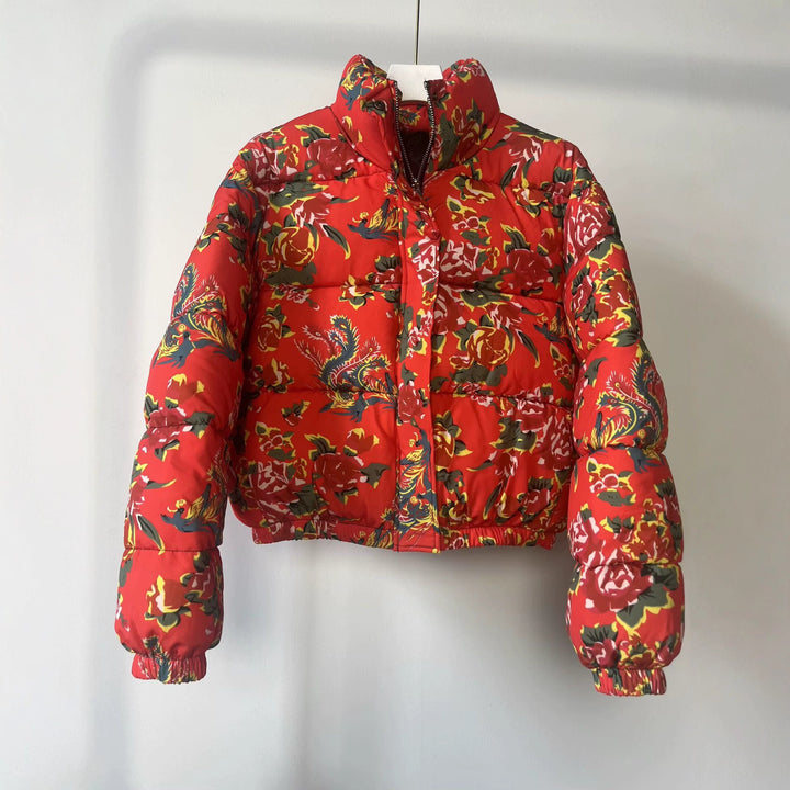 Damen Gesteppte Wattierte Kurzjacke mit floralem Alloverprint und Stehkragen Drune