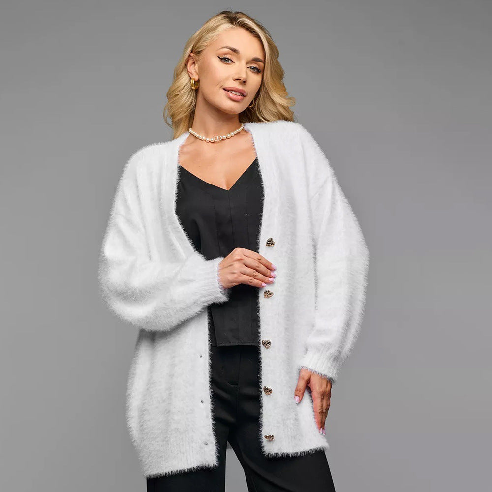 Damen Oversized Strickjacke mit Herzknöpfen und weichem Material Drune