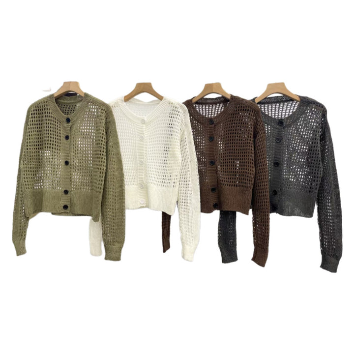 Damen Strickjacke mit offenem Netzdesign und großen Knöpfen Drune