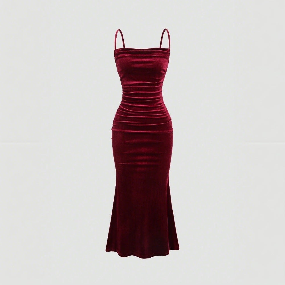 Damen Elegantes Samt-Maxi-Kleid mit figurbetontem Schnitt und raffinierten Raffungseffekten Drune