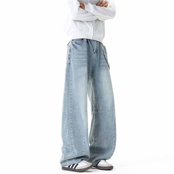 Herren Weit geschnittene Baggy-Jeans mit hoher Bundhöhe, Knie‑Abnähern und Used‑Waschung Drune