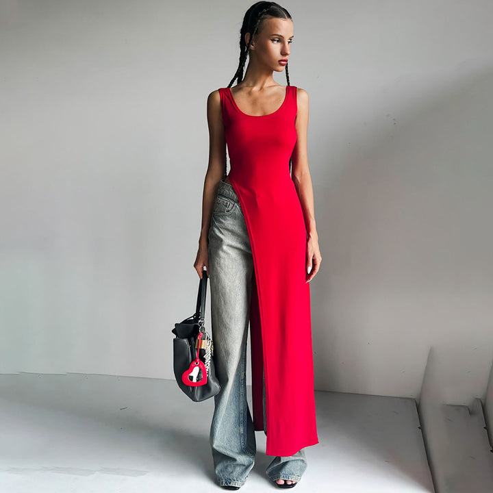 Damen Maxikleid mit asymmetrischem Schnitt und fließendem Stoff Drune