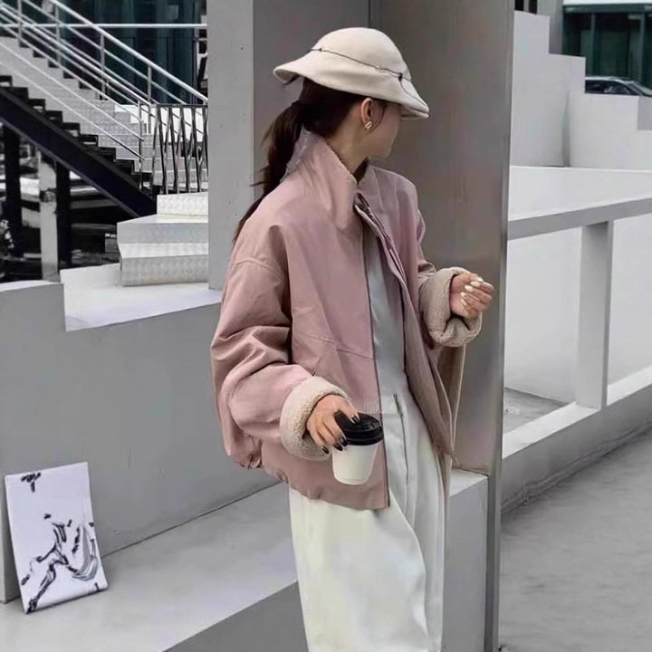 Damen Kurze Oversize Bomberjacke mit Teddyfutter an Bündchen und Stehkragen Drune