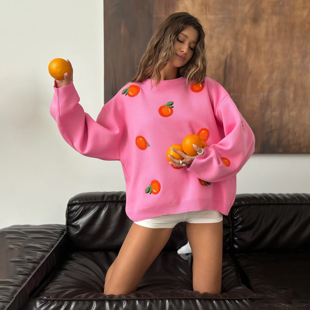 Damen Oversized Pullover mit bunten Stickdetails Drune