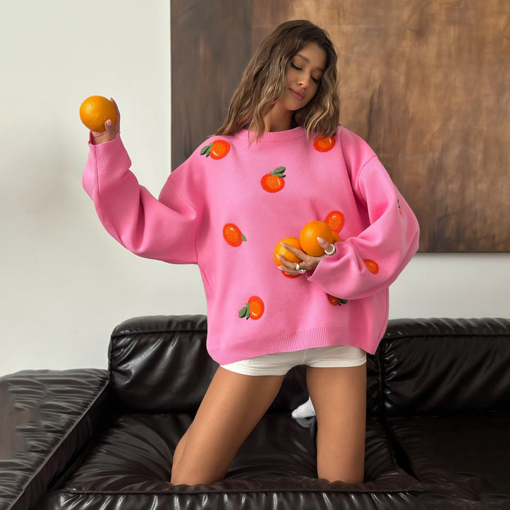 Damen Oversized Pullover mit bunten Stickdetails Drune