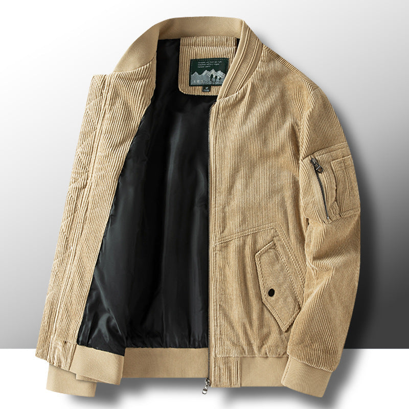 Herren Kord-Vintage-Bomberjacke mit leichtem Thermofutter, Ärmel-Reißverschlusstasche und Rippbündchen Drune