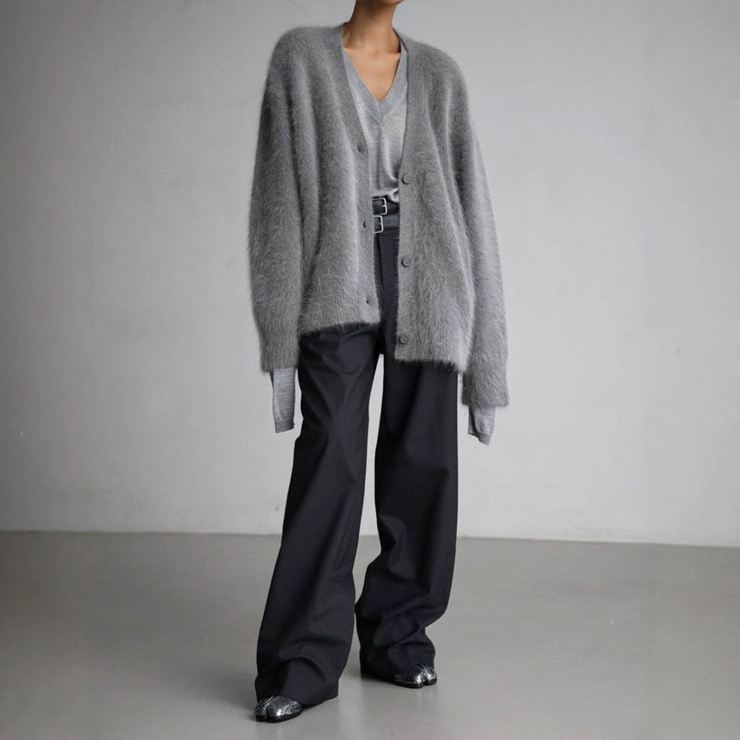 Damen Flauschige Mohair-Optik Strickjacke mit V-Ausschnitt und Oversize-Schnitt Drune