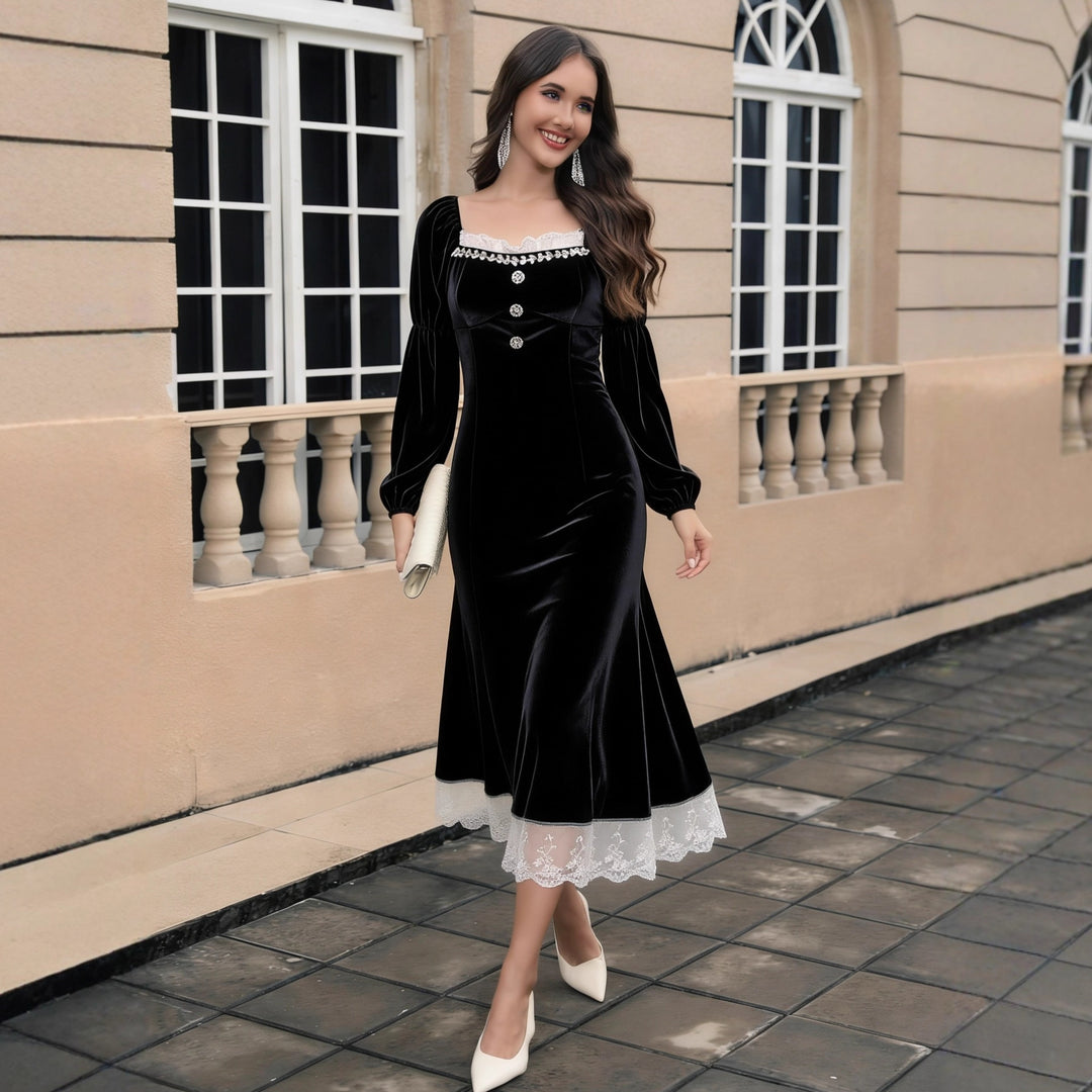 Damen Samt‑Midikleid mit quadratischem Ausschnitt, Puffärmeln und Spitzenuntertritt Drune