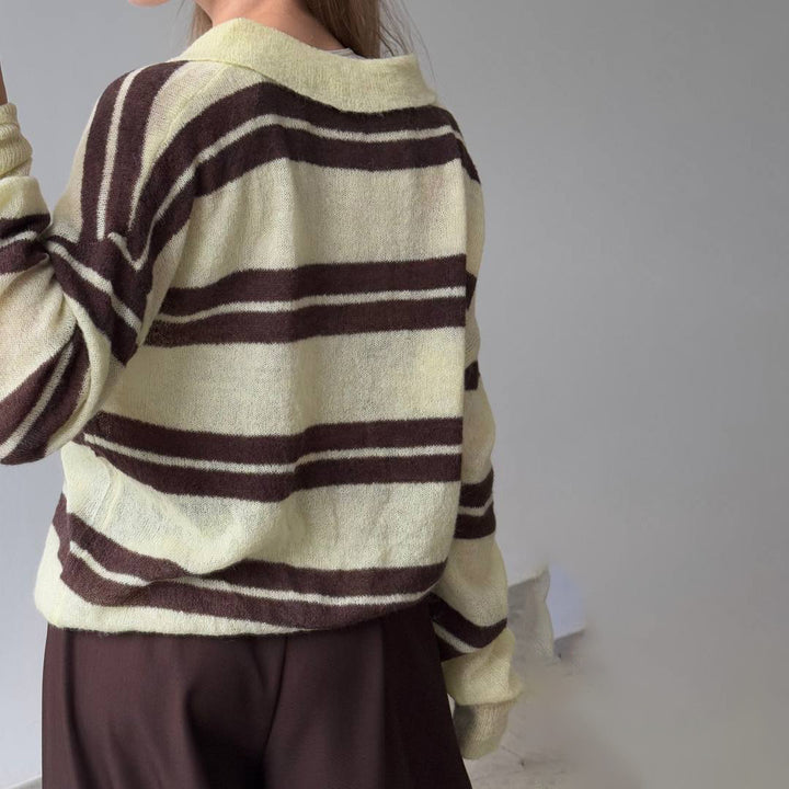Damen Grob gestrickter Pullover mit Polo-Kragen und Blockstreifen Drune
