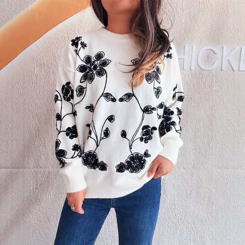 Damen Oversized Pullover mit floralem Design Drune